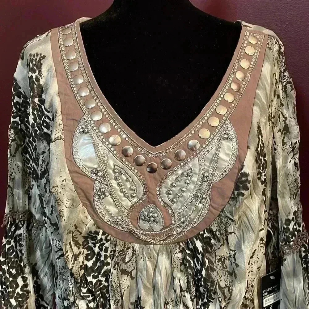 Madison Paige II Crinkle Animal Print Embellished Blouse Women's 3XL NWT